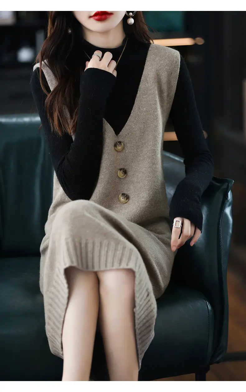 Women Wool Vest Dress V-Neck Sleeveless Long Skirt — feature 18