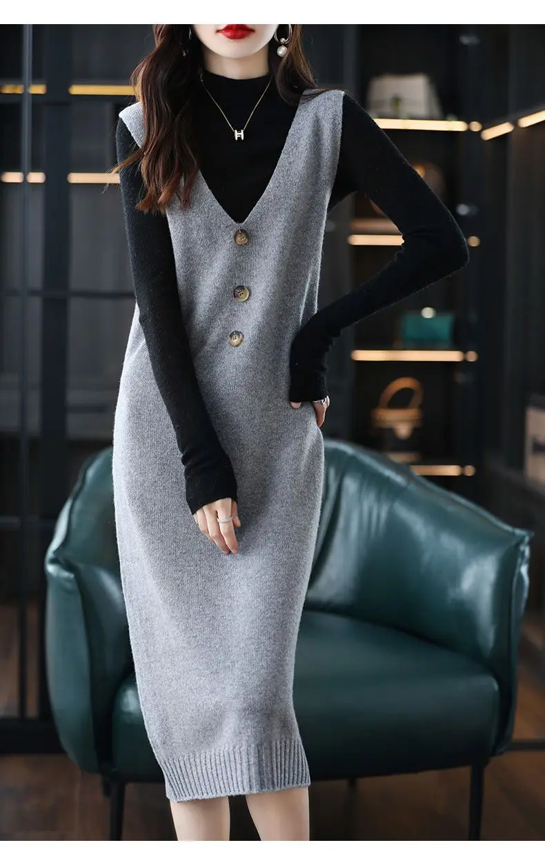 Women Wool Vest Dress V-Neck Sleeveless Long Skirt — feature 26