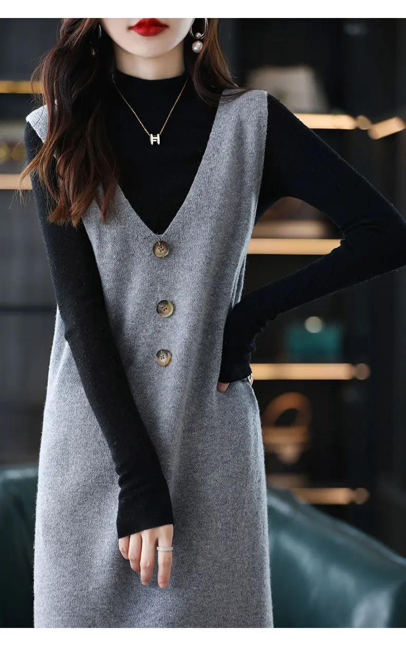 Women Wool Vest Dress V-Neck Sleeveless Long Skirt — feature 27