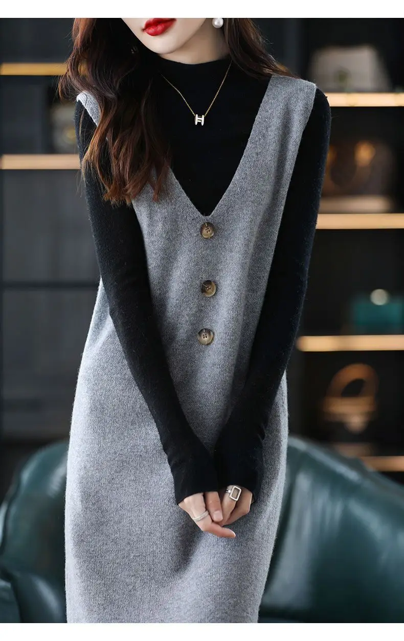 Women Wool Vest Dress V-Neck Sleeveless Long Skirt — feature 28