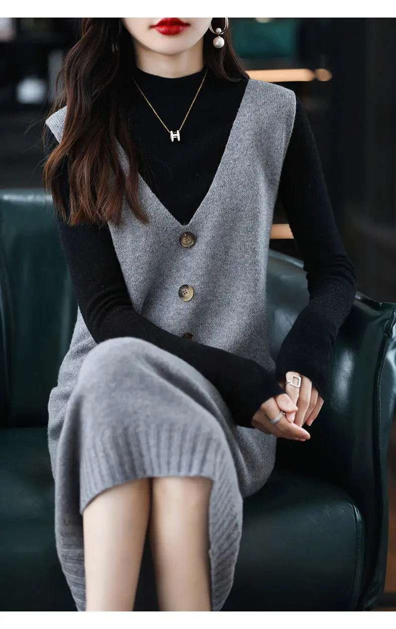 Women Wool Vest Dress V-Neck Sleeveless Long Skirt — feature 30