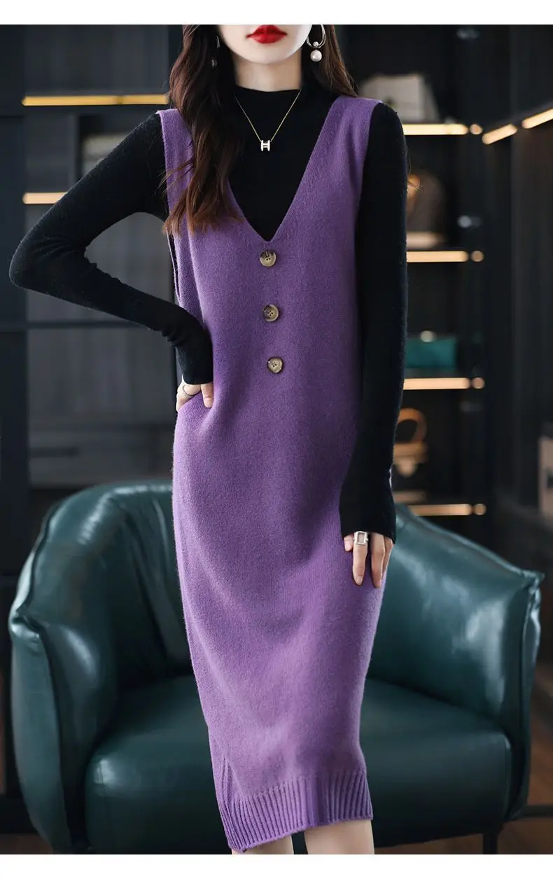 Women Wool Vest Dress V-Neck Sleeveless Long Skirt — feature 31