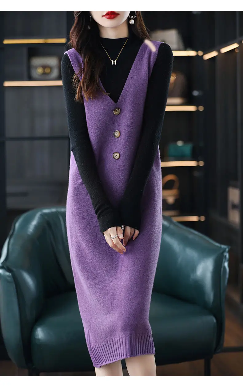 Women Wool Vest Dress V-Neck Sleeveless Long Skirt — feature 32
