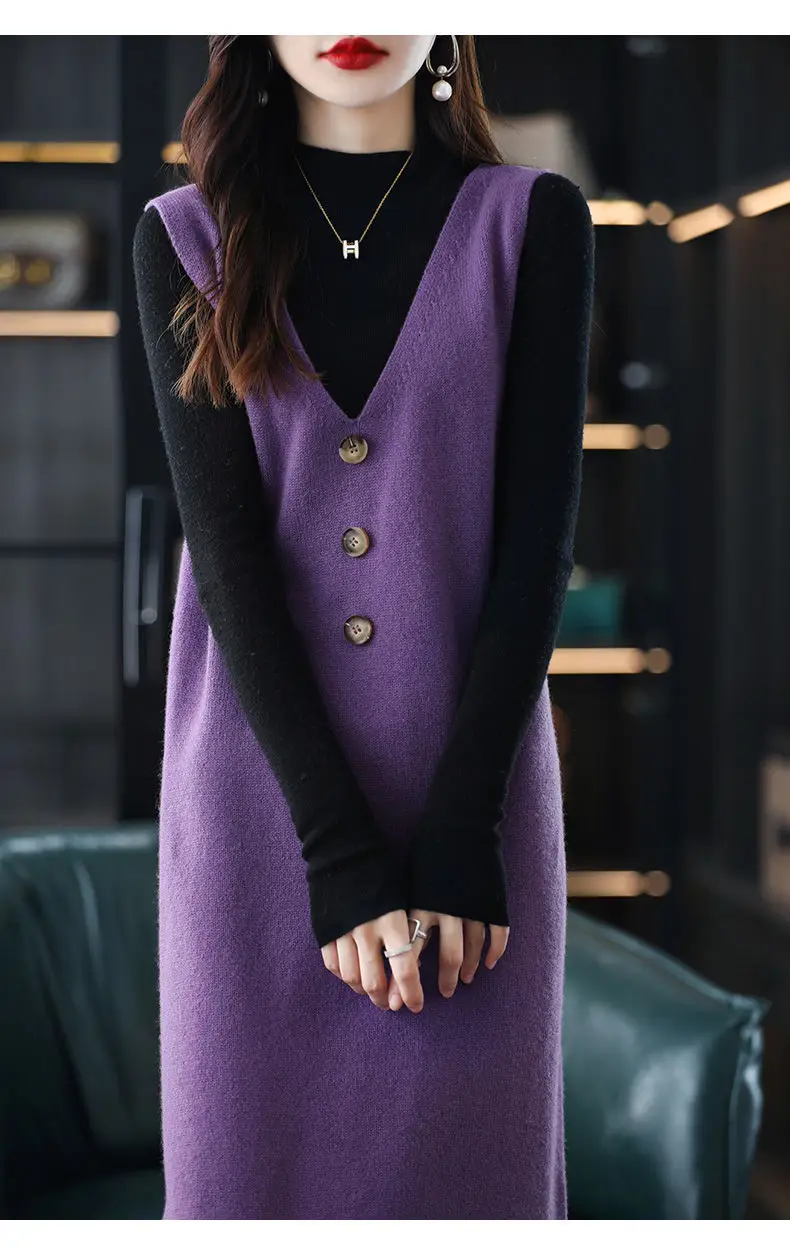 Women Wool Vest Dress V-Neck Sleeveless Long Skirt — feature 33