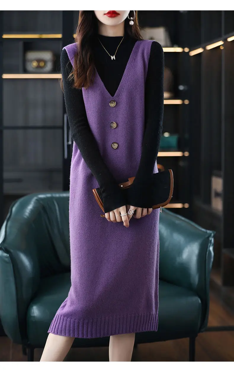 Women Wool Vest Dress V-Neck Sleeveless Long Skirt — feature 34