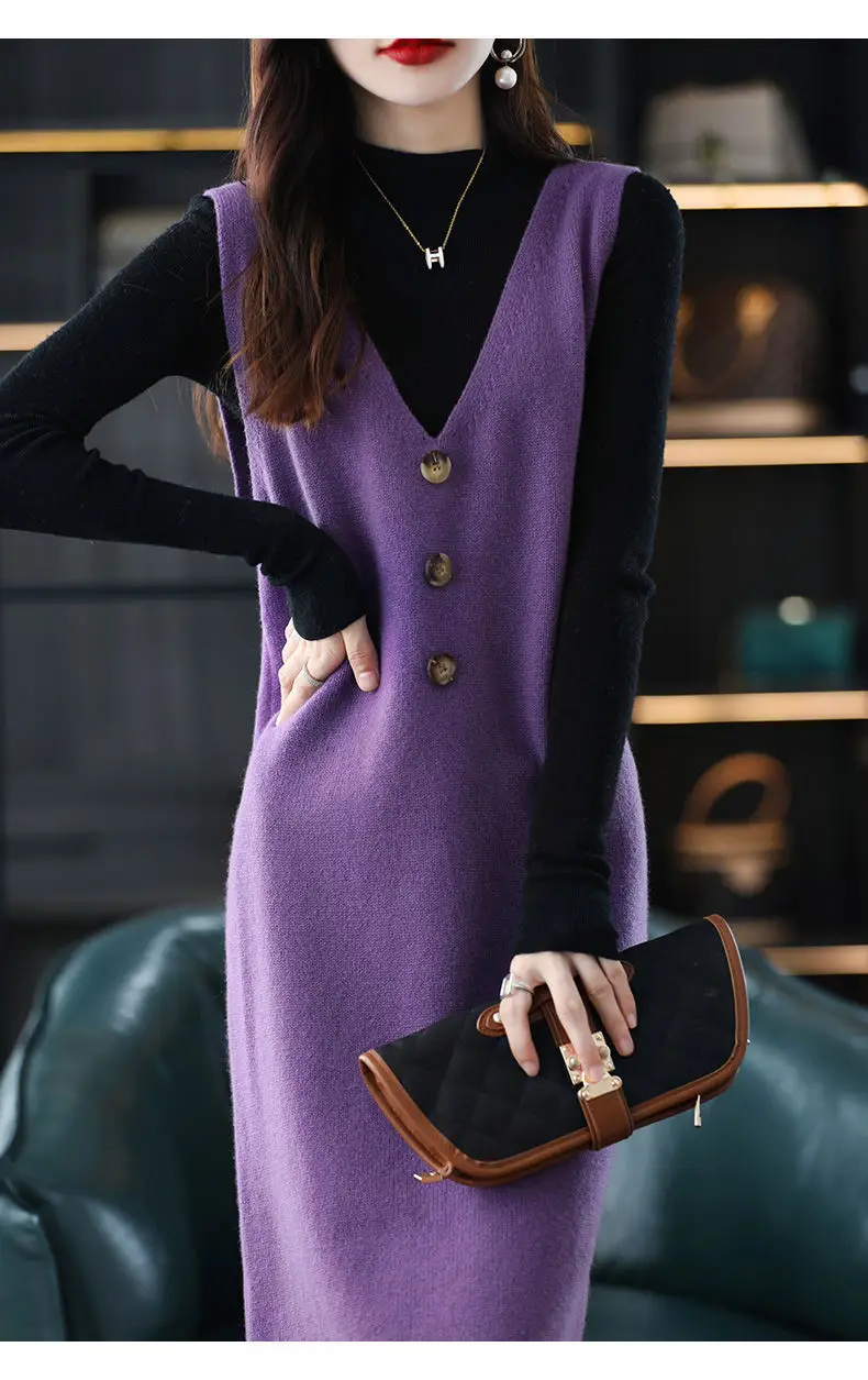 Women Wool Vest Dress V-Neck Sleeveless Long Skirt — feature 35