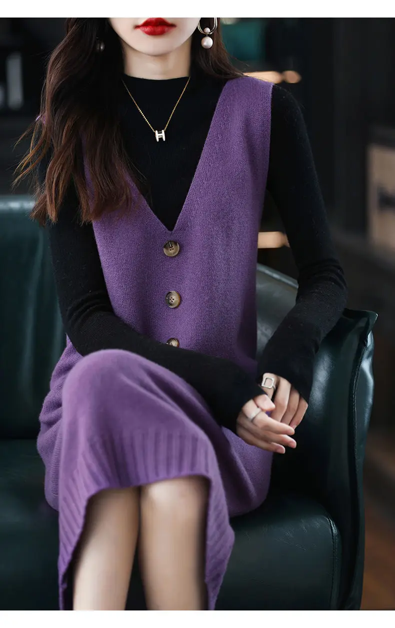 Women Wool Vest Dress V-Neck Sleeveless Long Skirt — feature 36