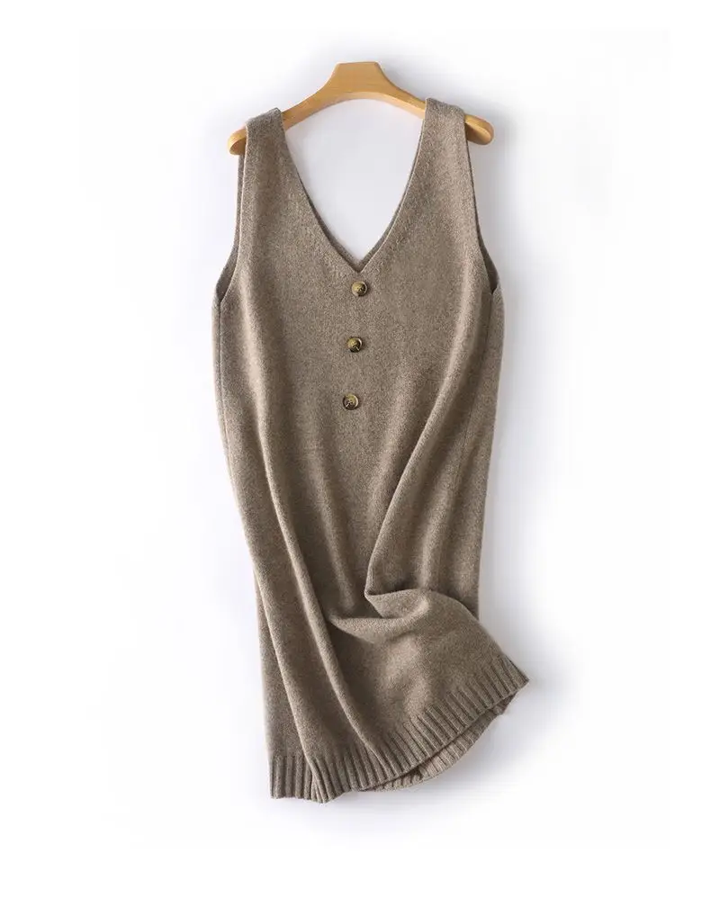 Women Wool Vest Dress V-Neck Sleeveless Long Skirt — feature 37