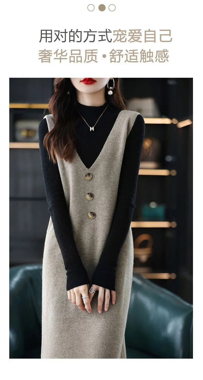 Women Wool Vest Dress V-Neck Sleeveless Long Skirt — feature 4