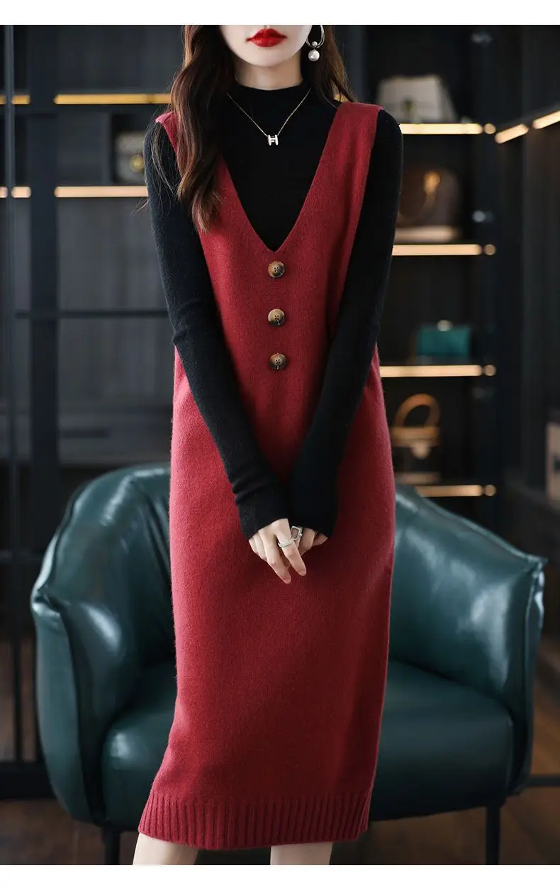 Women Wool Vest Dress V-Neck Sleeveless Long Skirt — feature 7