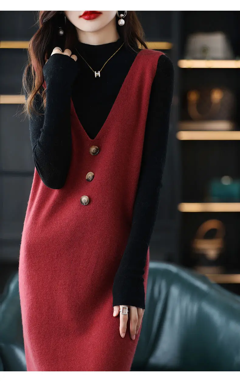 Women Wool Vest Dress V-Neck Sleeveless Long Skirt — feature 9