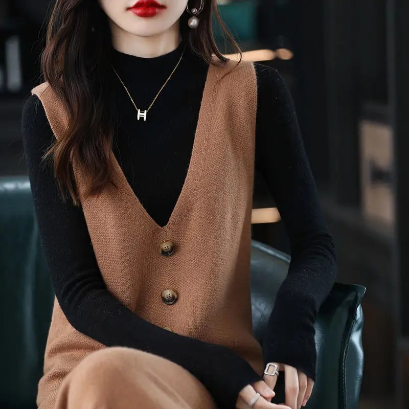 Women Wool Vest Dress V-Neck Sleeveless Long Skirt - Image 2