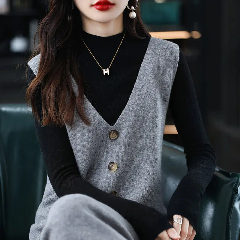 Women Wool Vest Dress V-Neck Sleeveless Long Skirt - Image 3