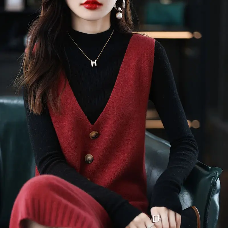 Women Wool Vest Dress V-Neck Sleeveless Long Skirt - Image 4