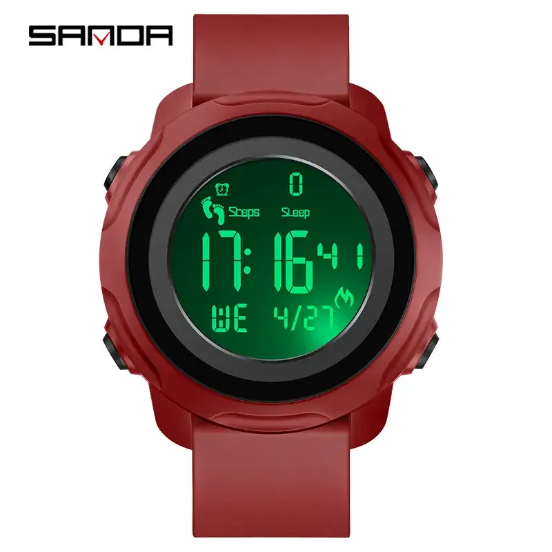 Sanda Red Digital Pedometer Watch with Alarm Clock - Image 4