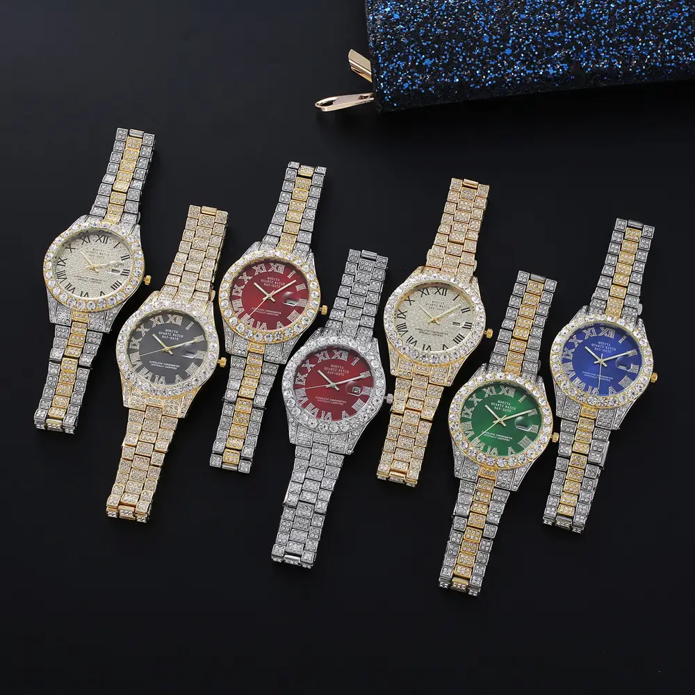 Men's Full Diamond Roman Scale Quartz Watch Gold Steel Band - Image 8