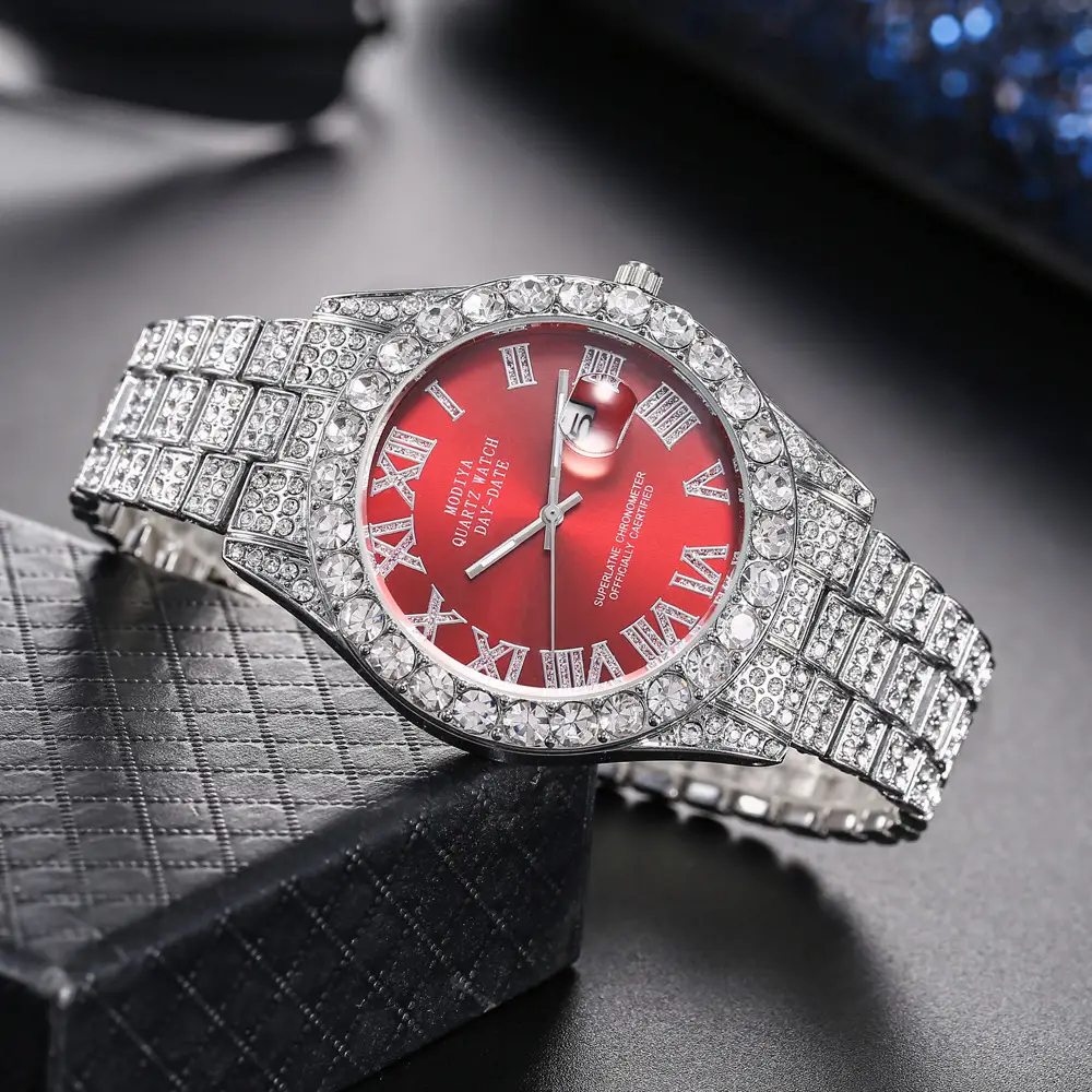 Men's Full Diamond Roman Scale Quartz Watch Gold Steel Band — feature 11