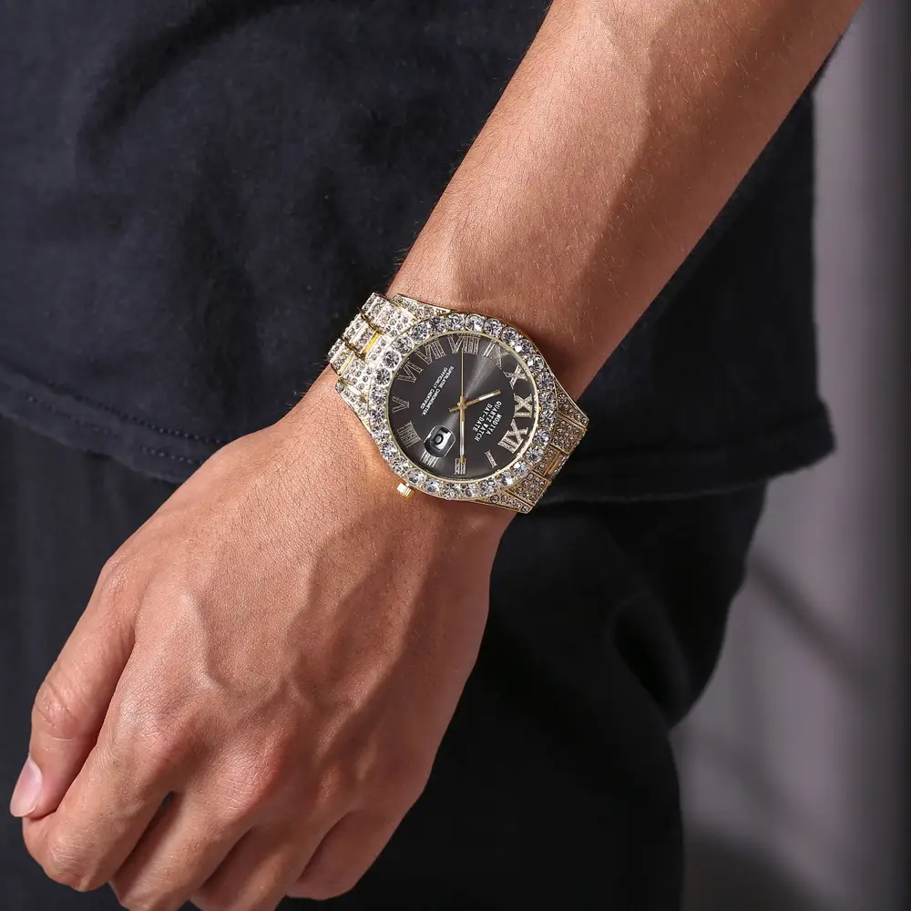 Men's Full Diamond Roman Scale Quartz Watch Gold Steel Band — feature 16