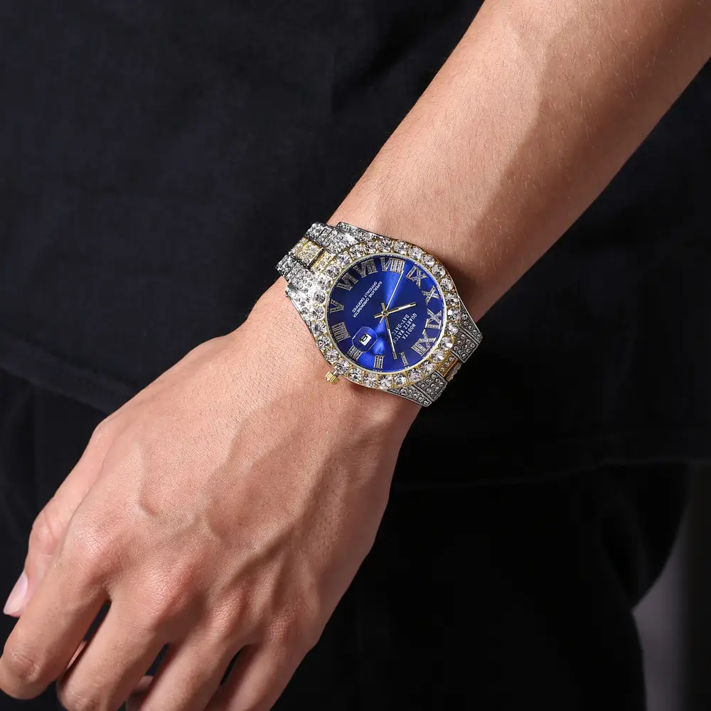 Men's Full Diamond Roman Scale Quartz Watch Gold Steel Band — feature 5