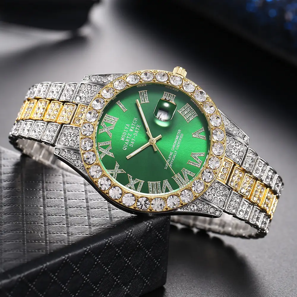 Men's Full Diamond Roman Scale Quartz Watch Gold Steel Band — feature 6