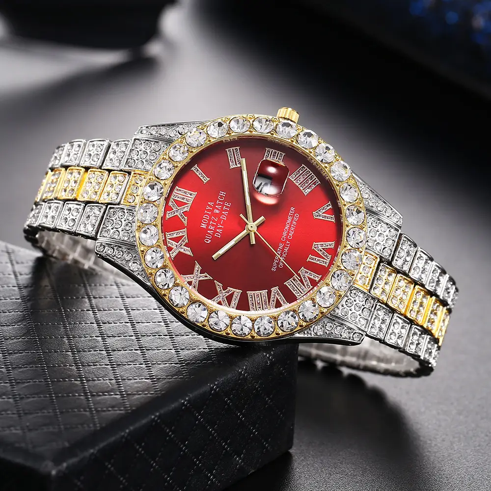 Men's Full Diamond Roman Scale Quartz Watch Gold Steel Band — feature 8