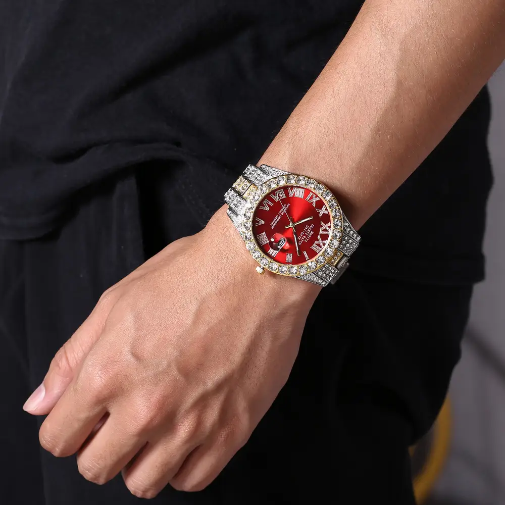 Men's Full Diamond Roman Scale Quartz Watch Gold Steel Band — feature 9