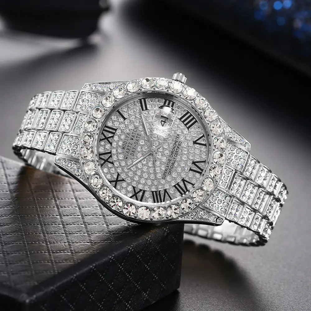 Men's Full Diamond Roman Scale Quartz Watch Gold Steel Band - Image 2