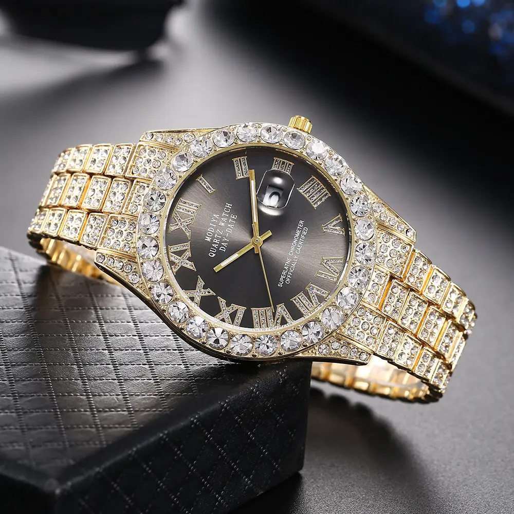 Men's Full Diamond Roman Scale Quartz Watch Gold Steel Band - Image 4