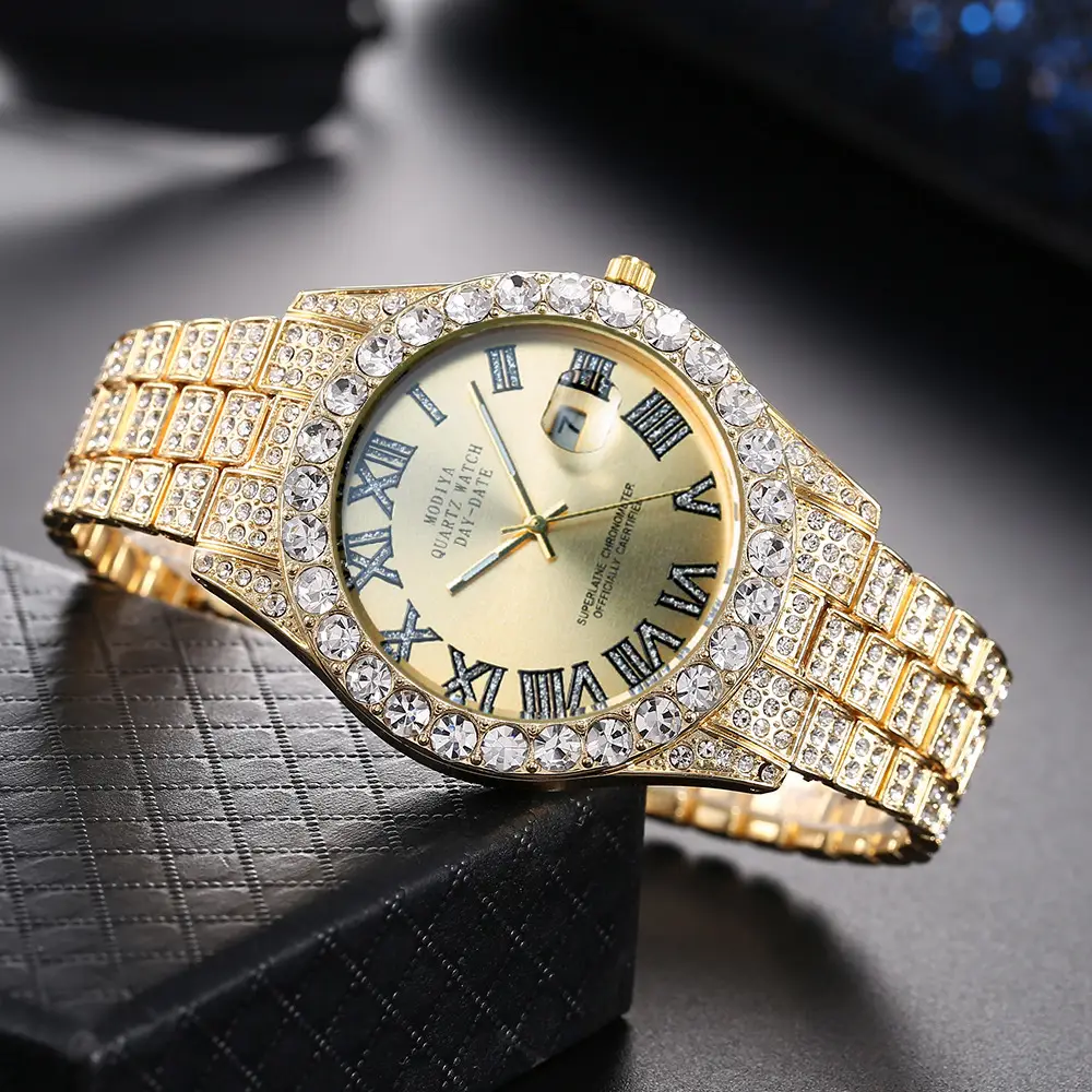 Men's Full Diamond Roman Scale Quartz Watch Gold Steel Band - Image 5