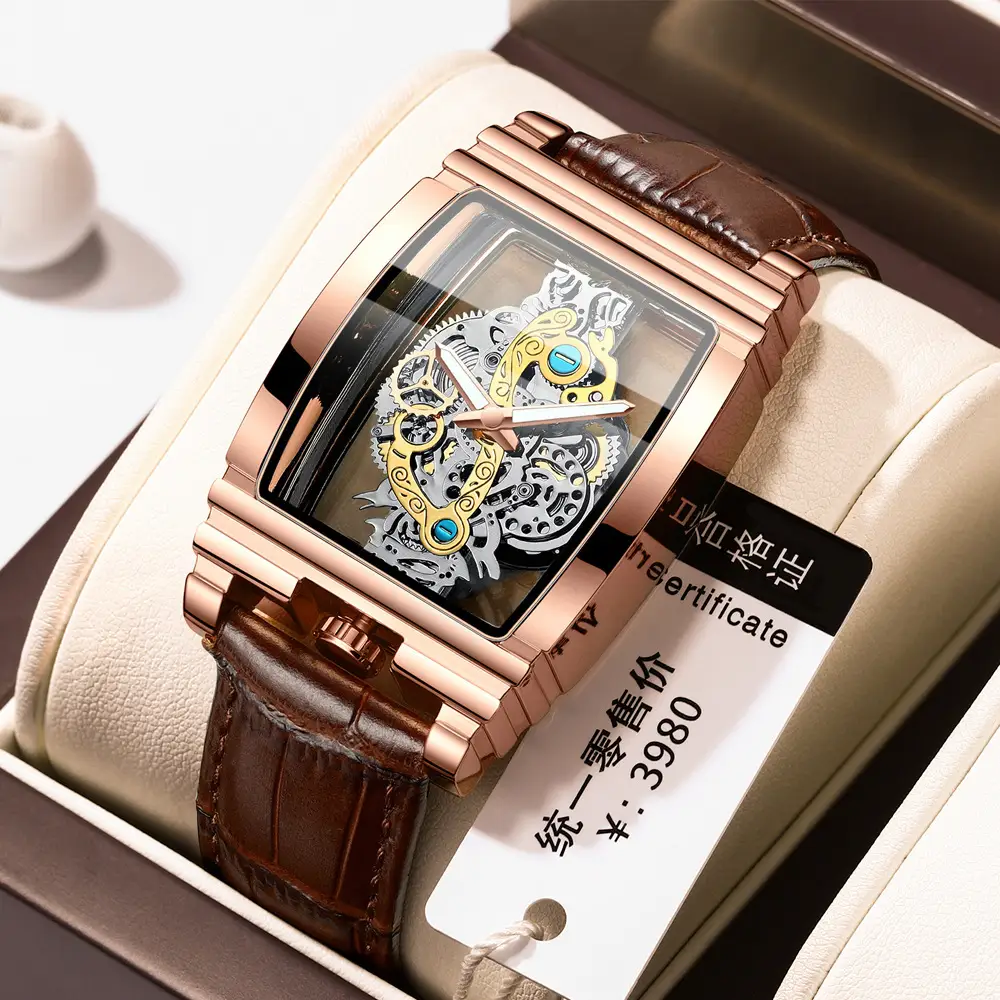Men's Tourbillon Leather Watch with Gold Mechanism