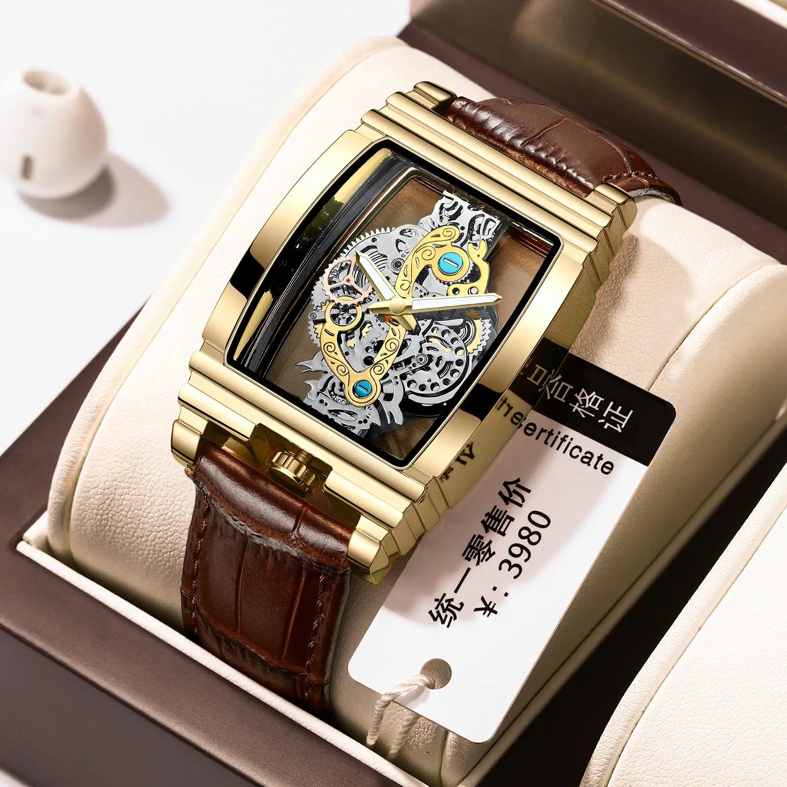 Men's Tourbillon Leather Watch with Gold Mechanism