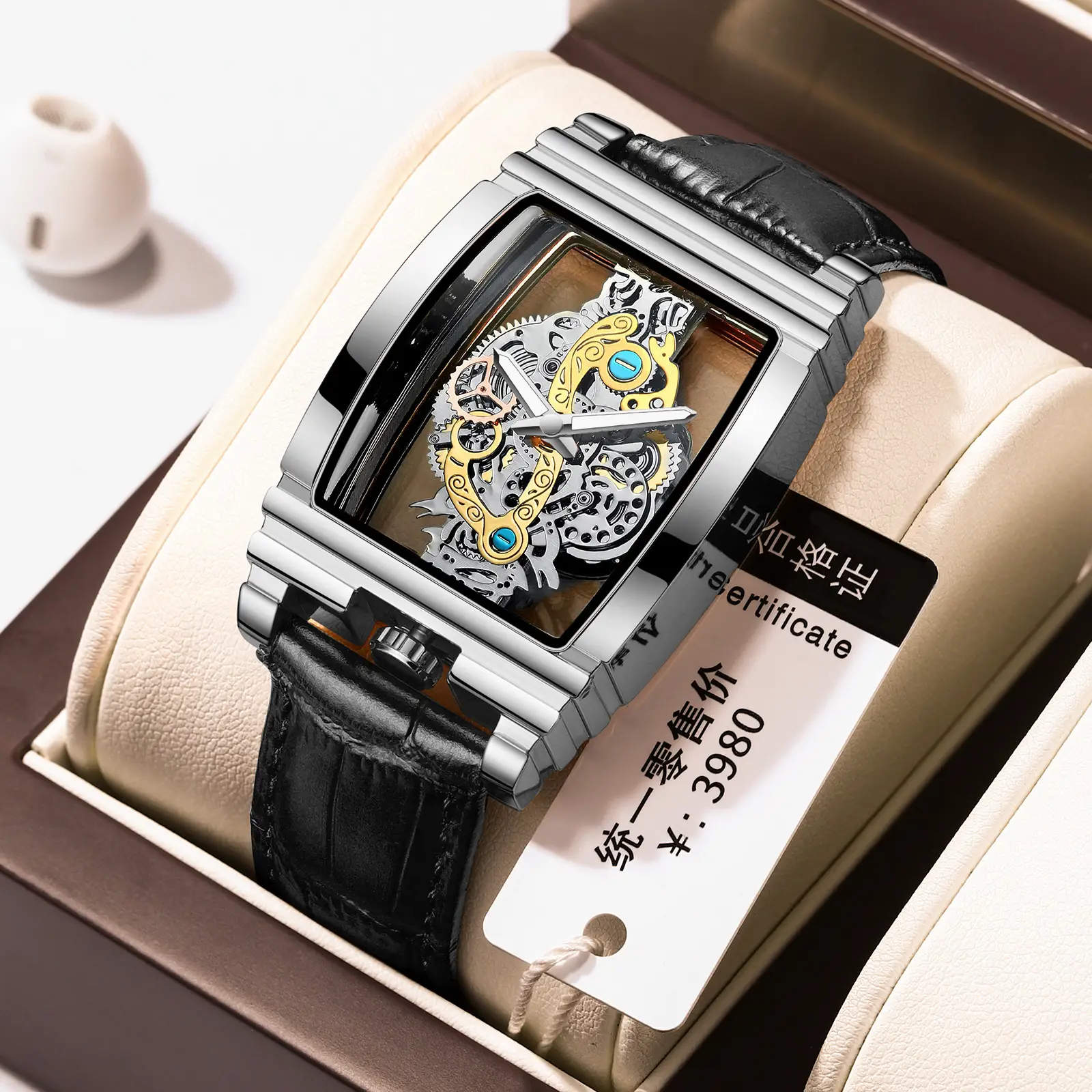 Men's Tourbillon Leather Watch with Gold Mechanism