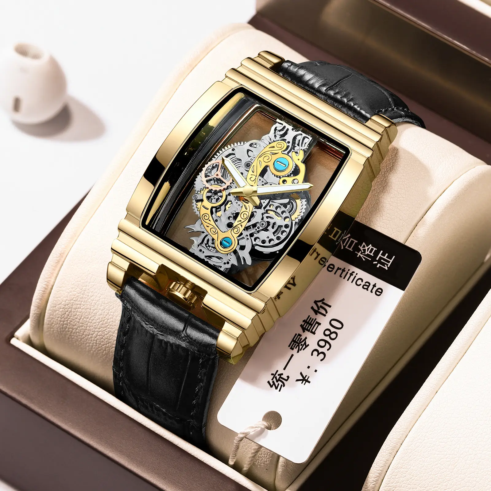 Men's Tourbillon Leather Watch with Gold Mechanism
