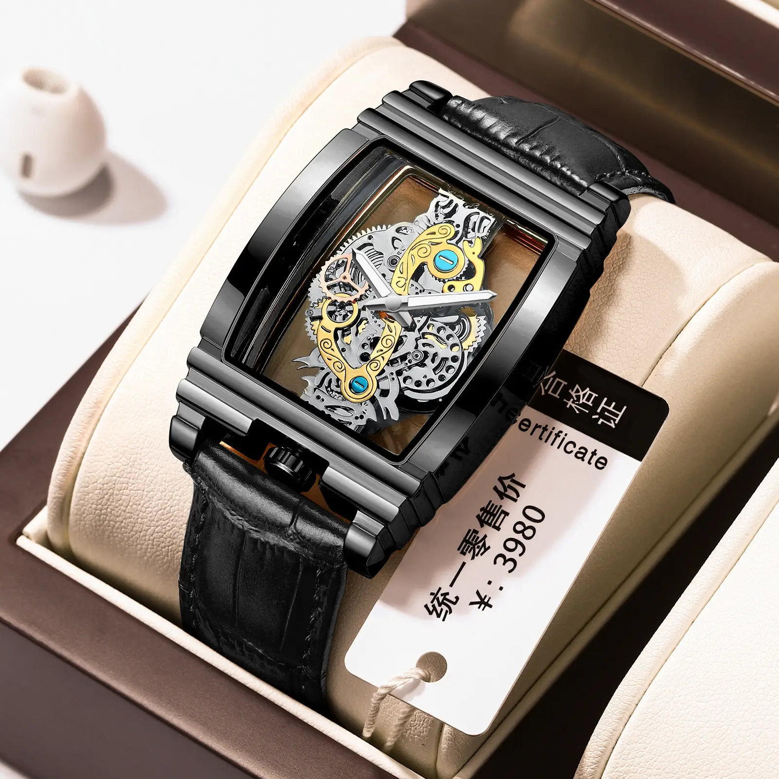 Men's Tourbillon Leather Watch with Gold Mechanism