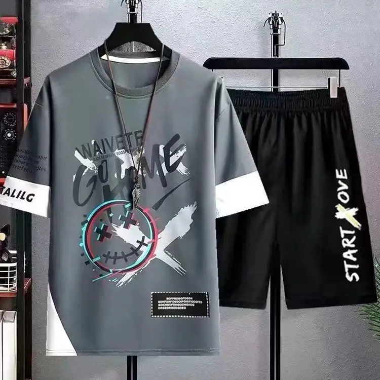 Korean Style White Black Graphic Shorts Suit - Image 40