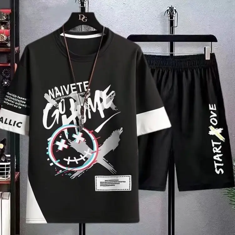 Korean Style White Black Graphic Shorts Suit - Image 41