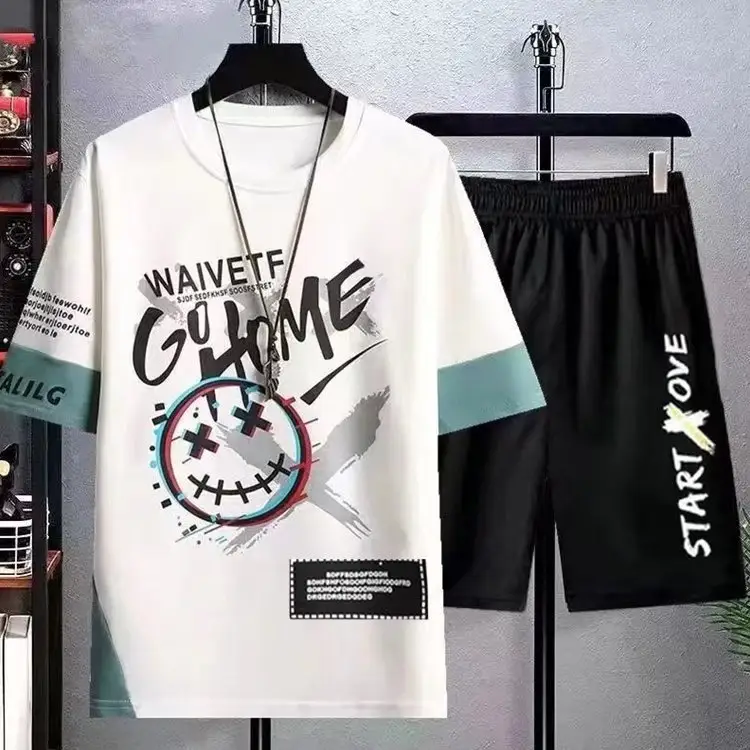 Korean Style White Black Graphic Shorts Suit - Image 42