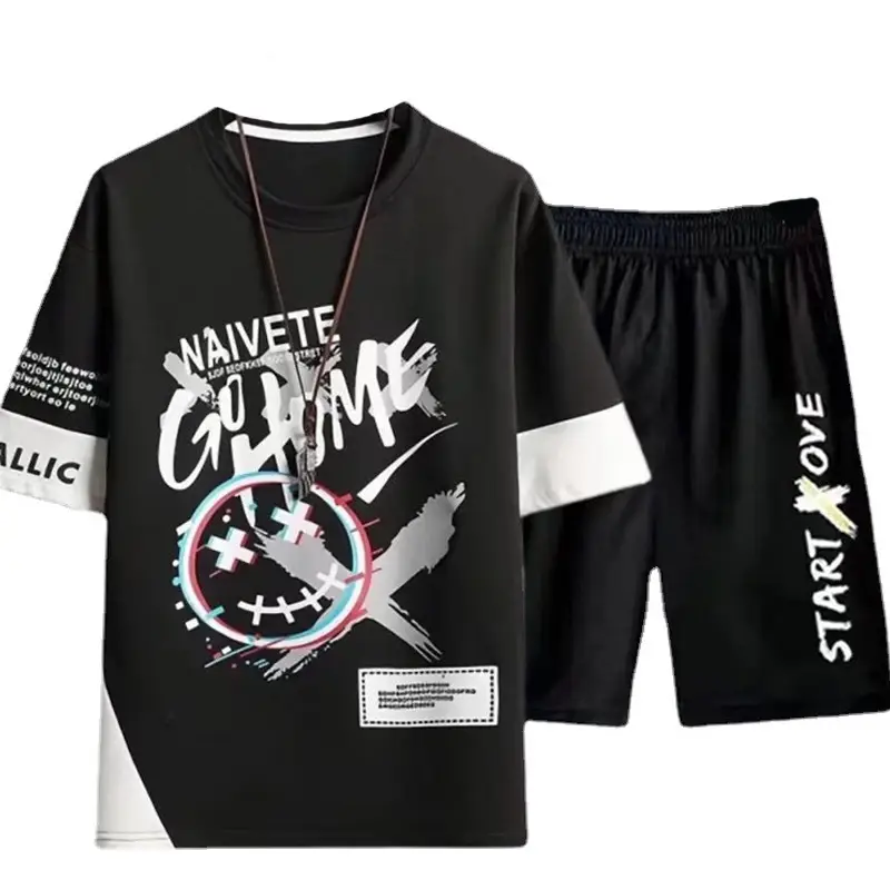 Korean Style White Black Graphic Shorts Suit - Image 43