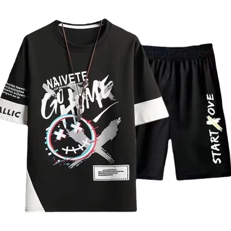 Korean Style White Black Graphic Shorts Suit