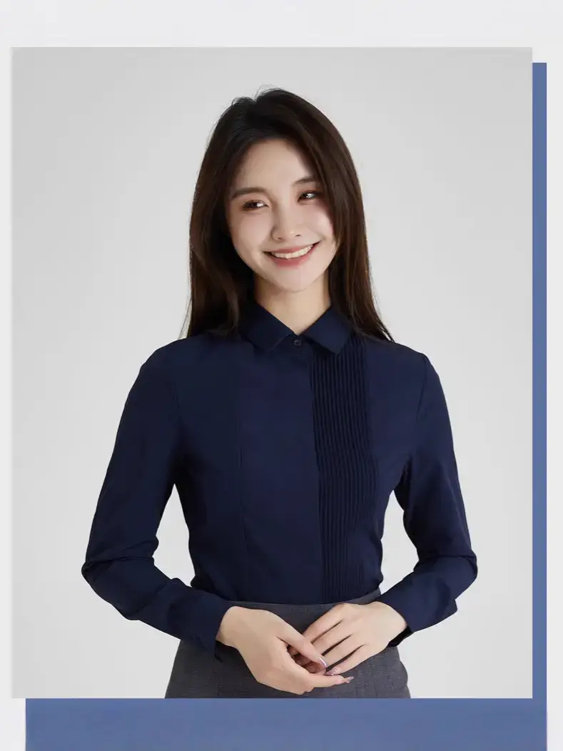 Women Long Sleeve Chiffon Blouse Navy Blue Slim Fit - Image 5