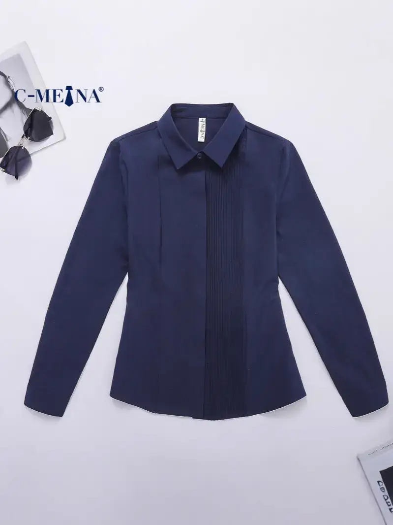 Women Long Sleeve Chiffon Blouse Navy Blue Slim Fit - Image 7