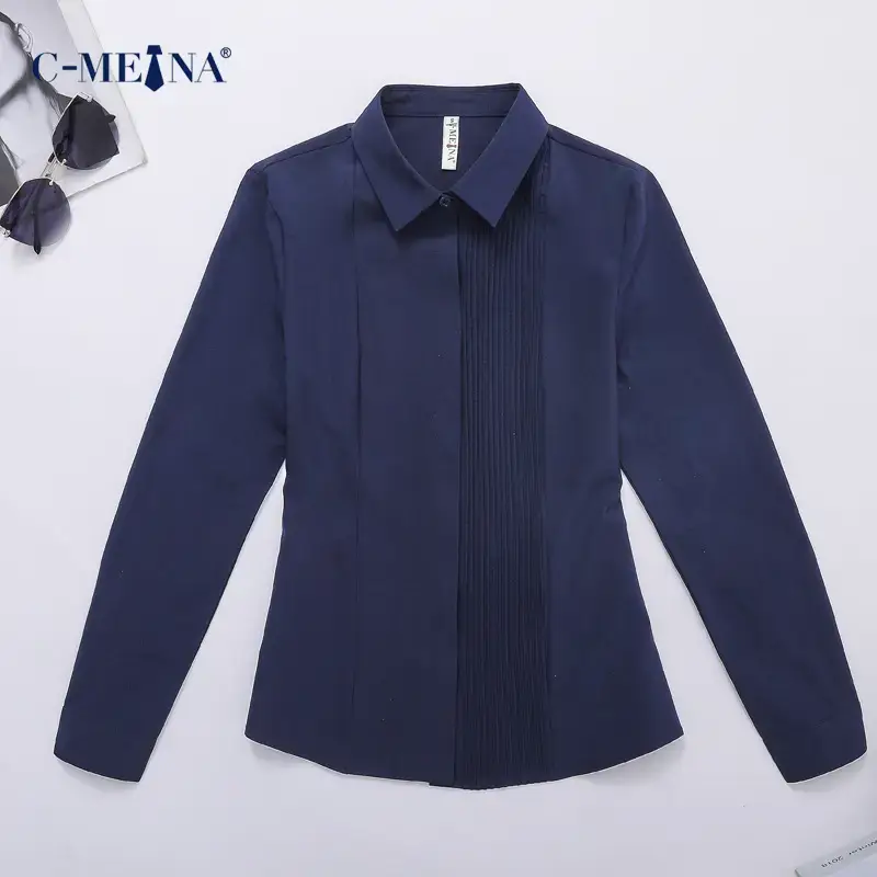Women Long Sleeve Chiffon Blouse Navy Blue Slim Fit - Image 2