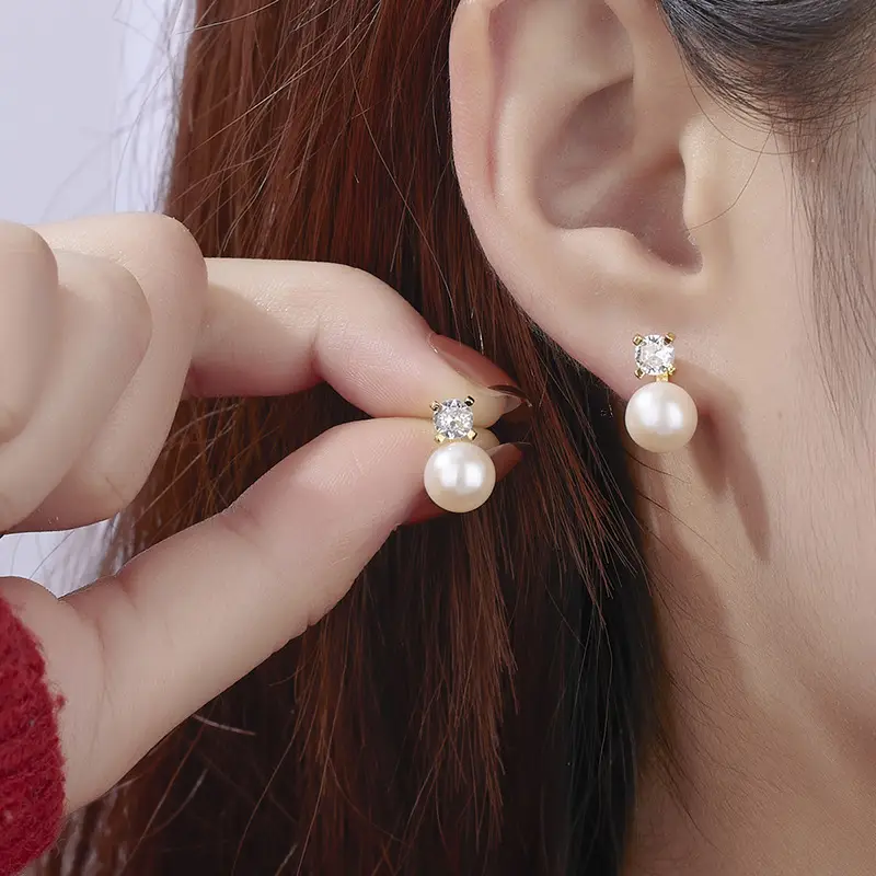 Natural Pearl Four Claw Diamonds Earrings for Women - Image 3