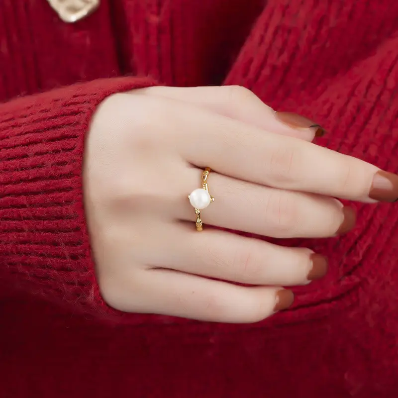 Women's Adjustable Pearl Bamboo Ring with Open Top Design - Image 3