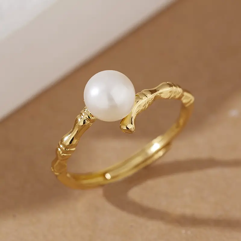 Women's Adjustable Pearl Bamboo Ring with Open Top Design - Image 4
