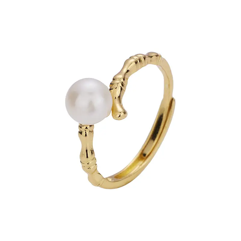 Women's Adjustable Pearl Bamboo Ring with Open Top Design - Image 5