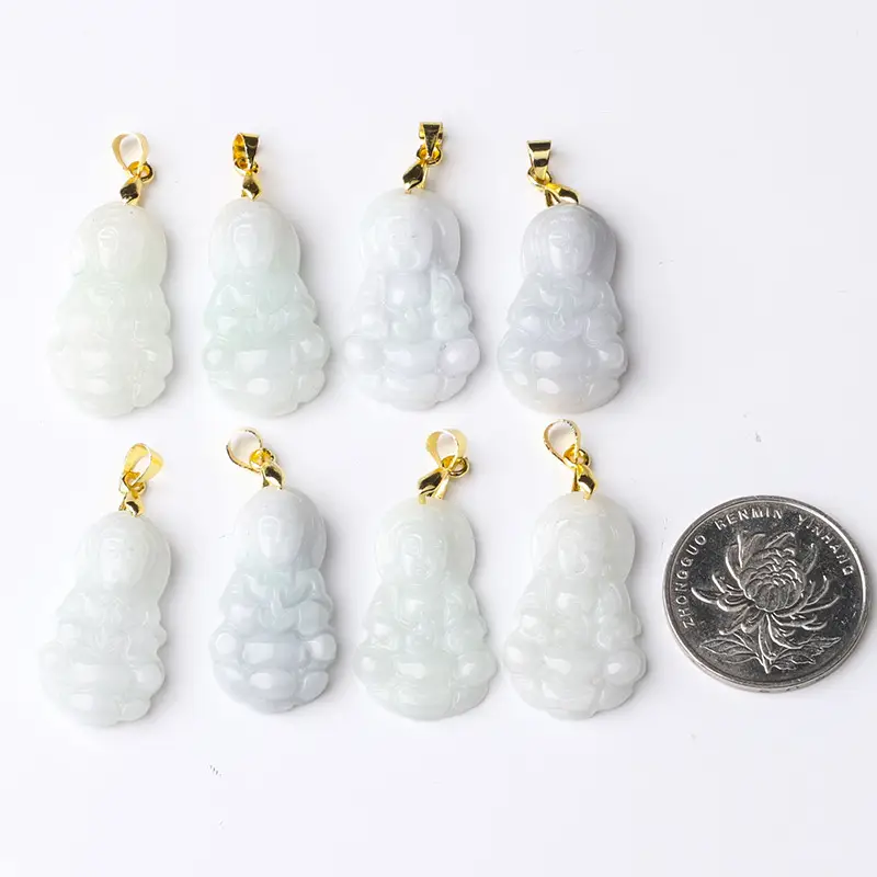 Myanmar Natural Jade Yang Green Guanyin Pendant 14K Gold - Image 4