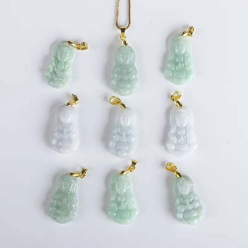 Myanmar Natural Jade Yang Green Guanyin Pendant 14K Gold - Image 2