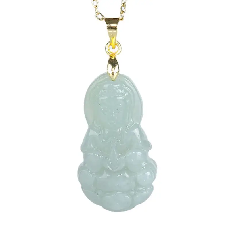 Myanmar Natural Jade Yang Green Guanyin Pendant 14K Gold - Image 6