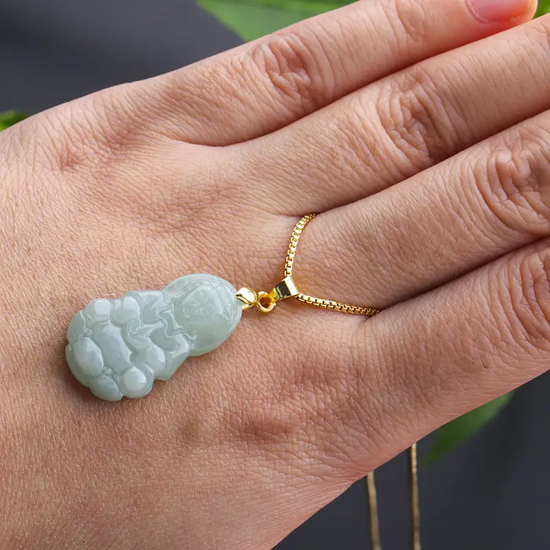 Myanmar Natural Jade Yang Green Guanyin Pendant 14K Gold — feature 5